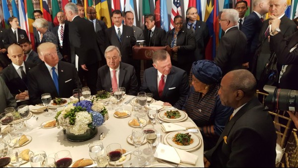 President Trump, Japanese Prime Minister Abe, UN Secretary General, Guterres, President Sirleaf and President Alpha Conde of Guinea at a luncheon